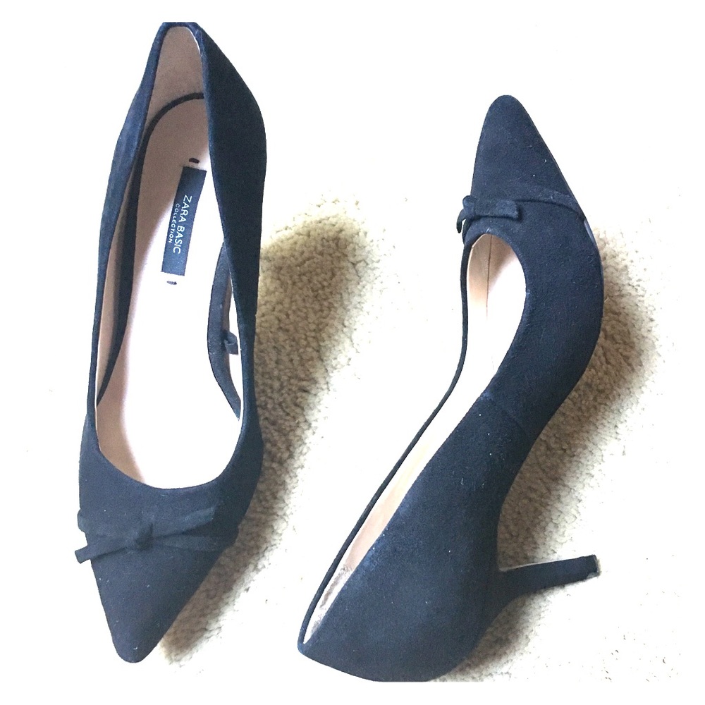 Zara Basic black suede pointed toe bow pumps